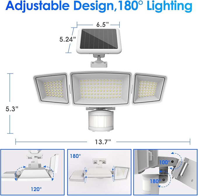 Energetic Solar Outdoor Lights, 1800LM 192 LED Security Motion Sensor Outdoor Lights with Remote Control, IP65 Waterproof Floodlight, 3 Head Motion Detected Spotlight for Garage, Pack of 2 (White)