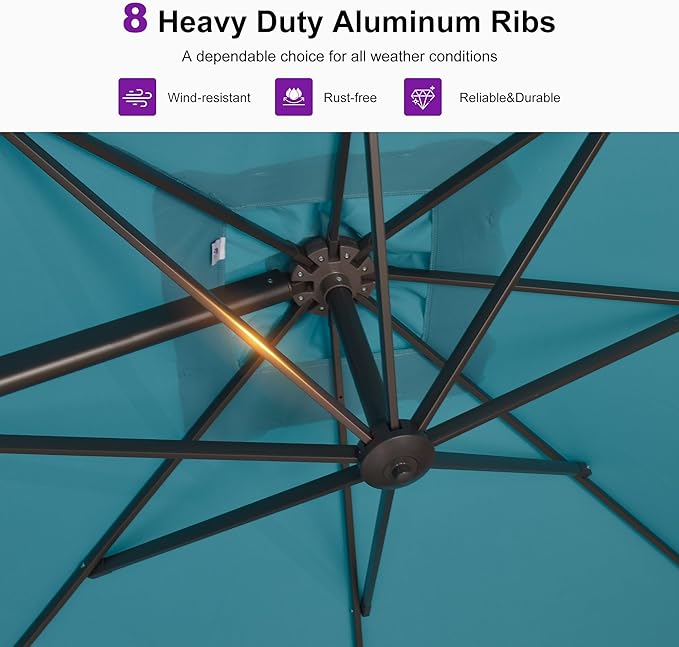 PURPLE LEAF 10' X 13' Patio Cantilever Umbrella Rectangle Umbrella Outdoor with Aluminum Offset Hanging and 360° Rotation for Pool Garden Deck Patio, Turquoise