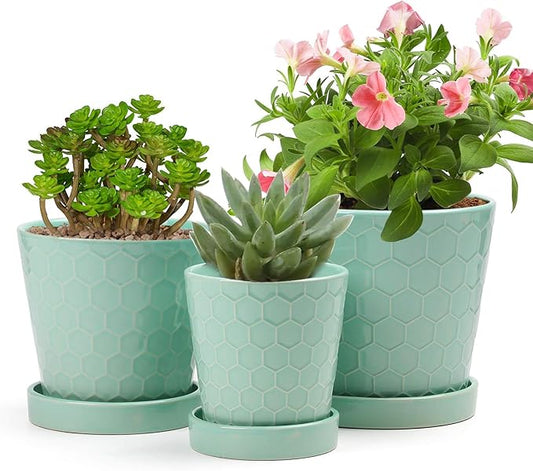 EFISPSS Ceramic Plant Pots –4”+5”+6” inch Set of 3, Planters with with Drainage Holes and Ceramic Tray, Indoor Flower Pot Gardening Home Desktop Office Windowsill Decoration Gift(Mint Green)