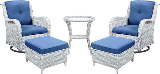 Outdoor Swivel Rocker Furniture 5 Pieces Patio Wicker Furniture Sets, Rattan Patio Swivel Glider Chairs with 2 Ottoman and Glass Side Table