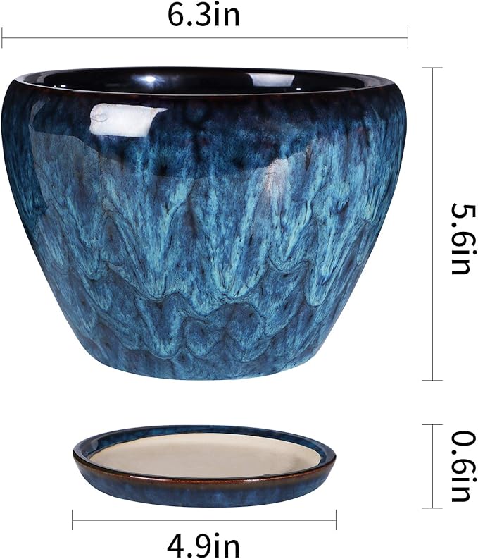 Ceramic Modern Glaze Succulent Planter Pot with Drainage Hole and Saucer 6 Inch Round Flower Plant Pot for Indoor Outdoor Herb Snake Plants