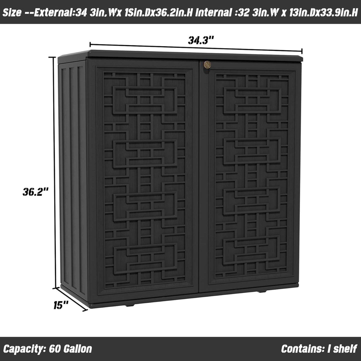 Indoor Outdoor Storage Cabinet Waterproof with Shelf,Plastic Storage Sheds Outdoor Cabinets for Patio/Garden/Backyard, Size 34.3''L*15''W*36.2''H（Black）