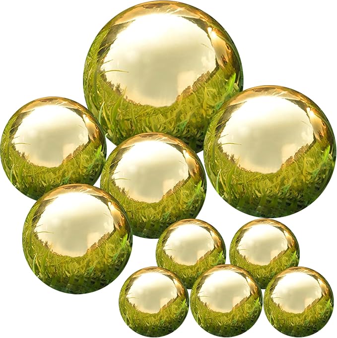 Nerien Gazing Ball, Stainless Steel Garden Mirror Globe, Polished Ornament Sphere, Hollow Floating Reflective Hemisphere, for Home Outdoor Pond Housewarming Swimming Pool Decoration, Gold, 10Pcs