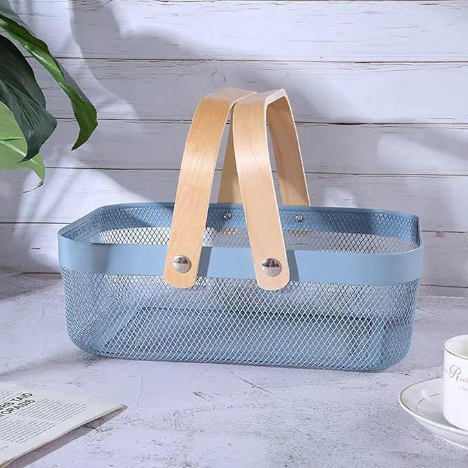 Metal Mesh Steel Basket, Storage Organizer Baskets Garden Harvest Basket Multi-functional Kitchen Fruit Baskets Bin with Wooden Handle for Bathroom Picnic Shopping Decor Cabinet Home, Blue