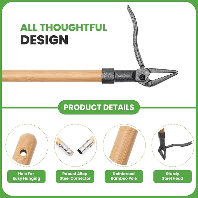 Weed Puller Tool Stand Up Weed Puller Tool with 3-Section Bamboo Handle & 4-Claw Steel Head Manual Weeder for Lawn and Garden (Bamboo)