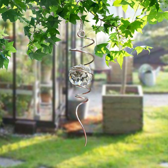 FONMY Gazing Ball Spiral Tail -Decorative Wind Spinner Sun Catcher 11 inch Tail and 2 inch Clear Crystal Orb. Indoor Outdoor Garden Decoration -13 inch Height