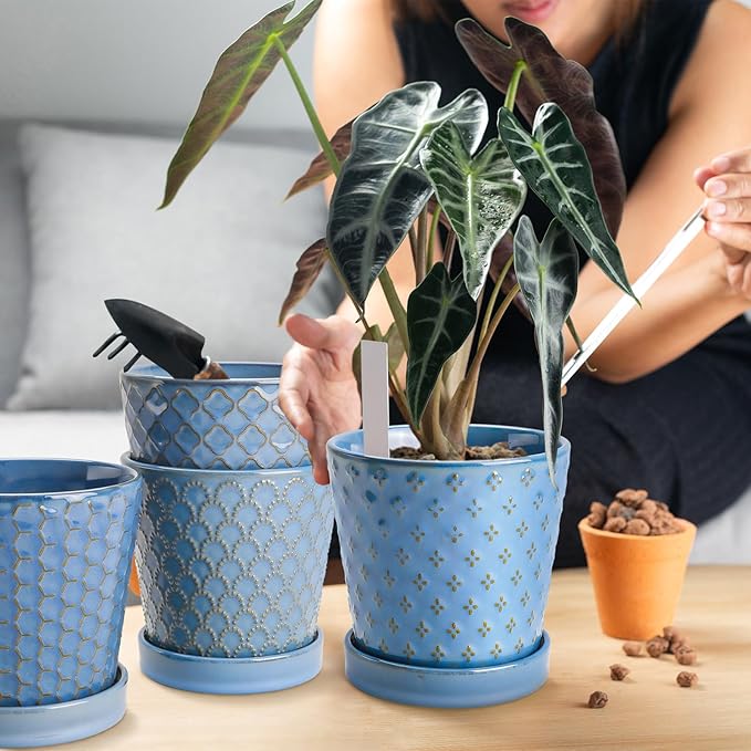 EFISPSS Plant Pots, 5 Inch Pots for Indoor Plants, Planters with Drainage Hole and Saucer, Ceramic Flower Pots Desktop Office Windowsill Decoration Gift Set of 4 - Sky Blue