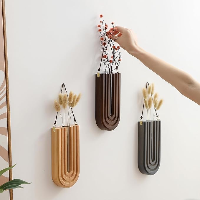 Wood Wall Planter Indoor, Propagation Station, Wooden Hanging Vase for Dried Flowers, Wall Plant Holder, Boho Wall Décor for Living Room U Rainbow Shape (Set of 3)