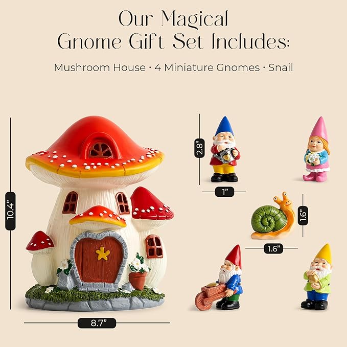 Solar Garden Gnome Statue Set – Magical Gnome Decor - Solar Light Mushroom House – Hand-Painted Resin Garden Decorations for Indoor & Outdoor – Weather-Proof Yard Ornaments - Unique Outdoor Gifts