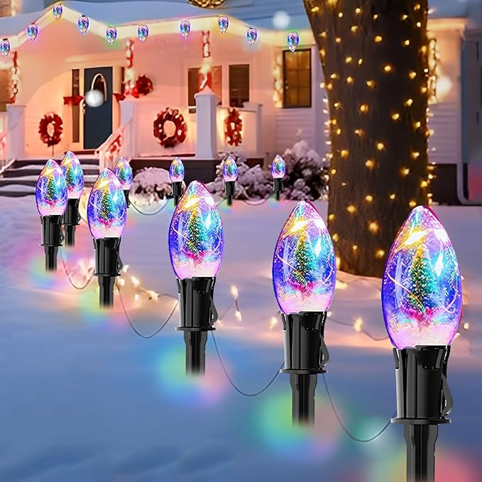 Upgraded 45FT C9 Christmas Pathway Lights Outdoor, 40 C9 LED Bulbs with Stakes, Extendable Waterproof Christmas Lights for Walkway Driveway House Garden Decorations - Multicolor