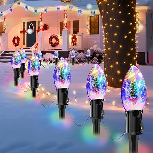 Upgraded 45FT C9 Christmas Pathway Lights Outdoor, 40 C9 LED Bulbs with Stakes, Extendable Waterproof Christmas Lights for Walkway Driveway House Garden Decorations - Multicolor