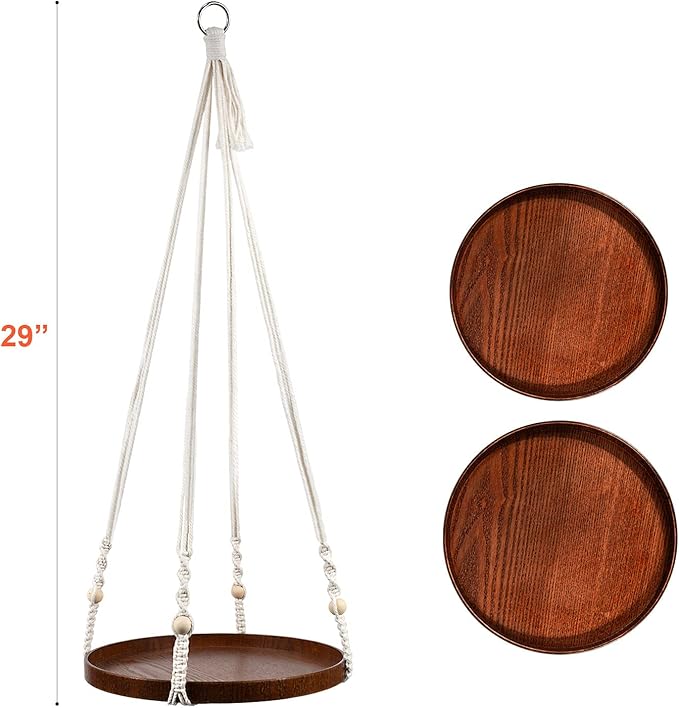 Macrame Plant Hanger - 2 Set Indoor Hanging Planter Shelf - Hanging Planter Rack Decorative Flower Pot Holder - Handmade Cotton Plant Hangers with Wood Tray Boho Home Decor