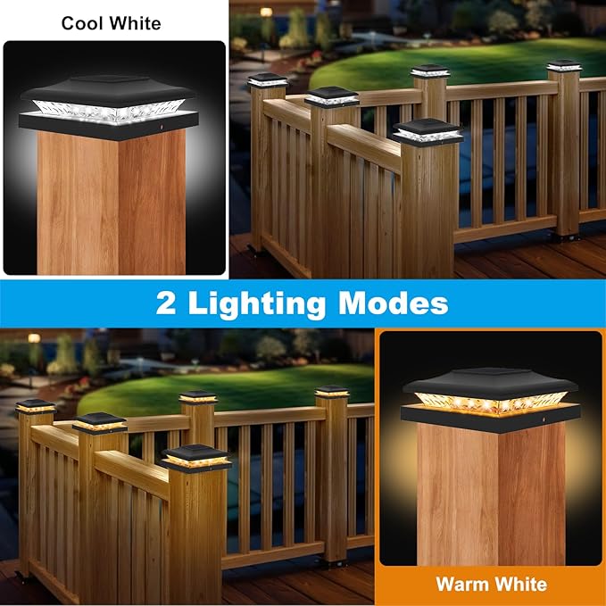4 Pack Solar Post Cap Light Outdoor Fence Cap Lights 2 Color Modes 24 LEDs for Wooden/Vinyl Post, Waterproof Deck Patio Decoration Fits 5x5, 5.5x5.5 or 6x6 Wooden Posts (3000k/6000k)