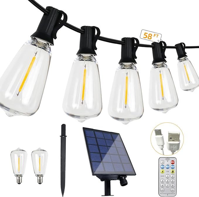 58FT Solar String Lights Waterproof with Remote, ST38 LED Dimmable Globe Outdoor Lights for Patio with 27 Edison Vintage Shatterproof Bulbs, Connectable Backyard Lights for Bistro, Porch