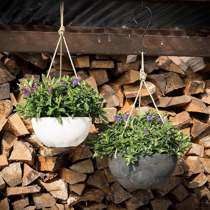 Root & Vessel Self Watering Hanging Planter for Indoor or Outdoor Plants, Unique Marbled Hanging Basket Made of Eco-Friendly Blend of Stone & Plastic, White, 12"