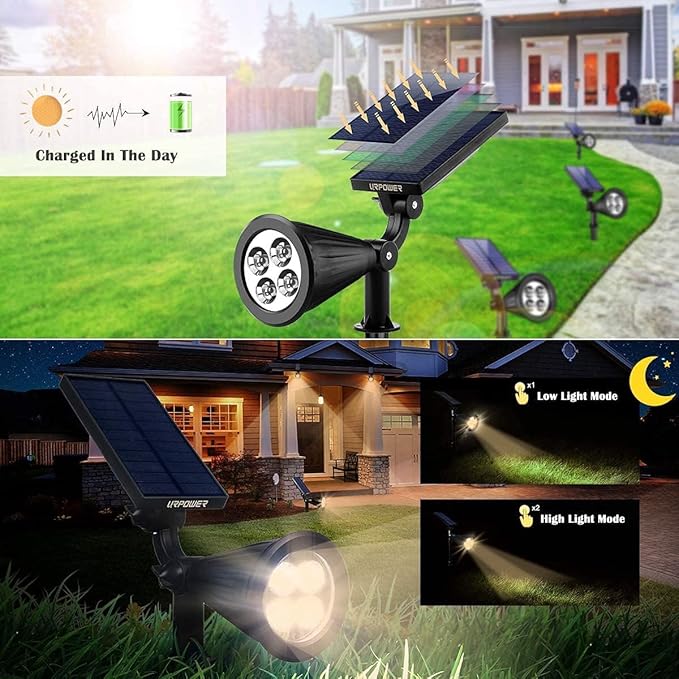 URPOWER Solar Lights Outdoor, Adjustable Solar Spot Lights Outdoor, 2-in-1 Waterproof Solar Landscape Spotlights Wall Light, Dusk-to-Dawn Solar Powered Outdoor Light for Garden, Yard (2 Pack Warm)