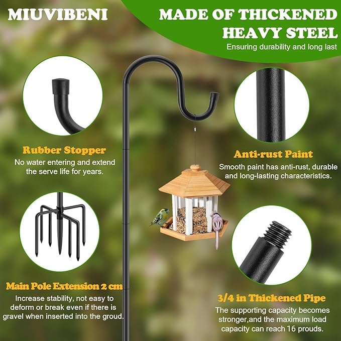 84" Shepherds Hooks for Outdoor with 7 Prongs Base, Heavy Duty Bird Feeder Pole for Hanging Lantern, Hummingbird Feeder, Shepherds Hook for Bird Feeders for Outside, 2 Packs, Black