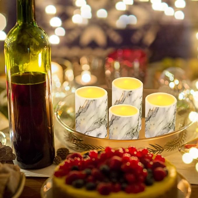 Flameless LED Candles Electric Candles with Remote Timer Control Color Changing Long Lasting Pillar Candles Tealights for Home Indoor Outdoor Decoration Pack of 4, Grey White Marble