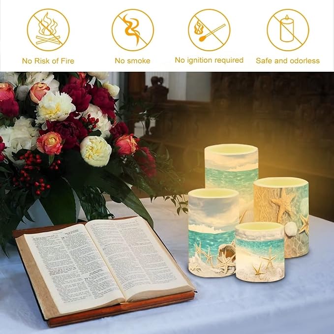 Black Flameless LED Battery Candles 4PCS Pillar Candles with 18-Key Timer Remote Colorful Light for Christmas Party Celebration Decor, Seawater Starfish