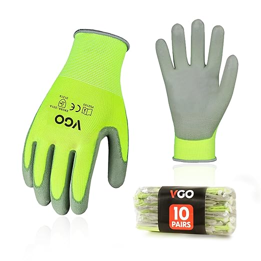 Vgo... 10-Pairs Safety Work Gloves, Gardening Gloves, Polyurethane Coated, Dipping Gloves, Latex Free (Size S, Yellow, PU2103)