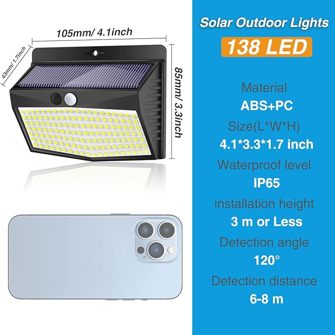 Solar Lights Outdoor, [138 LED/8 Packs] Solar Motion Sensor Security Lights with 3 Lighting Modes Solar Wall Lights Waterproof Solar Powered Lights Outside for Garden Fence Yard Deck Garage