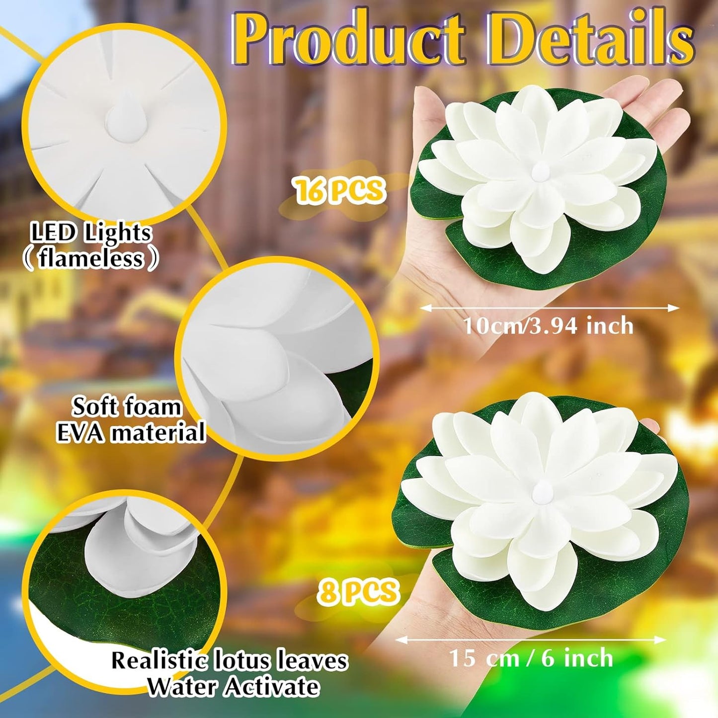 Liliful 24 Pcs Diwali Lotus Decoration Pool Floating Lights, Artificial Flowers Lotus with LED,Lily Pads Water Lantern for Indian Puja Home Decoration(3.94 Inch, 5.91 Inch,White)