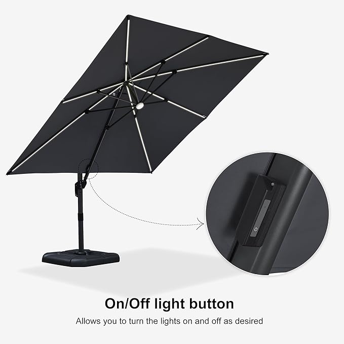 PURPLE LEAF 10 Feet Patio Umbrella with Base Outdoor Cantilever Solar Powered LED Square Umbrella Aluminum Offset Umbrella with 360-degree Rotation for Garden Deck Pool Patio Light Grey