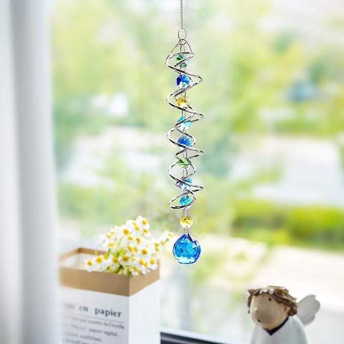 H&D HYALINE & DORA 17.7inch Gazing Ball Spiral Tail,Decorative Wind Spinner Sun Catcher,Rainbow Maker Double-Spiral W/Sea Blue Crystal Ball and Chain,Glass Crystals for Indoor Outdoor Decoration