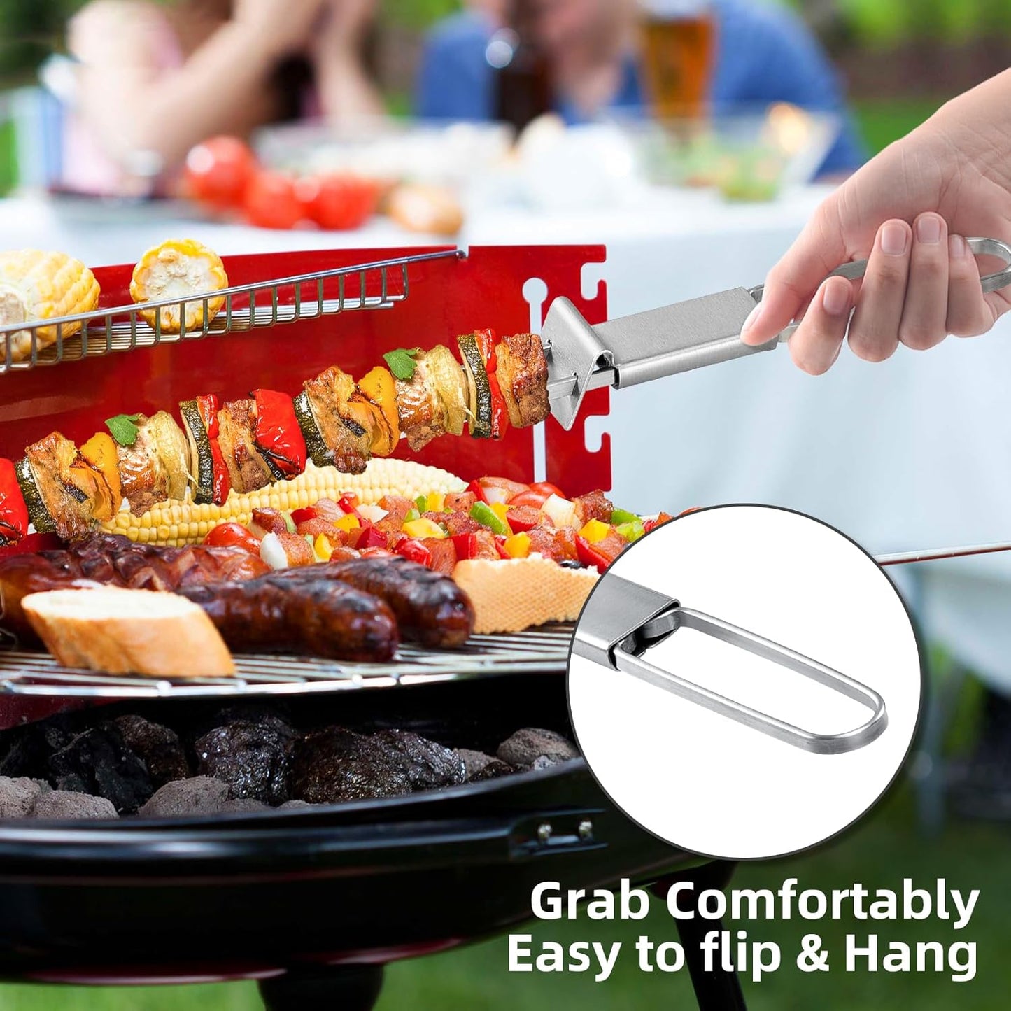 Kabob Skewers - 17" 12 Pack Metal Skewers For Kabobs with Push Bar Double Pronged Anti-Roll Flat BBQ Skewer for Grilling Stainless Steel Reusable Kebab Skewer for Meat Shrimp Chicken Veggie