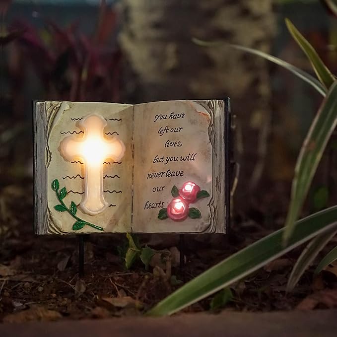 Outdoor Solar Bible Cross Garden Stakes Lights, Waterproof Memorial Grave Decorations Gifts for Cemetery Outdoors Lawn Yard Home Patio Decor