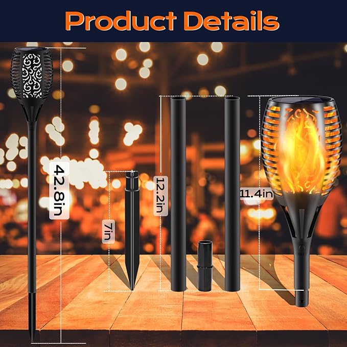 Upgraded Larger Solar Torch Lights, 43" Flickering Flame Solar Lights, Waterproof Outdoor Solar Landscape Decoration Lighting 96 LED Auto On/Off Garden Patio Yard Pathway,Black 2 Pack (2)