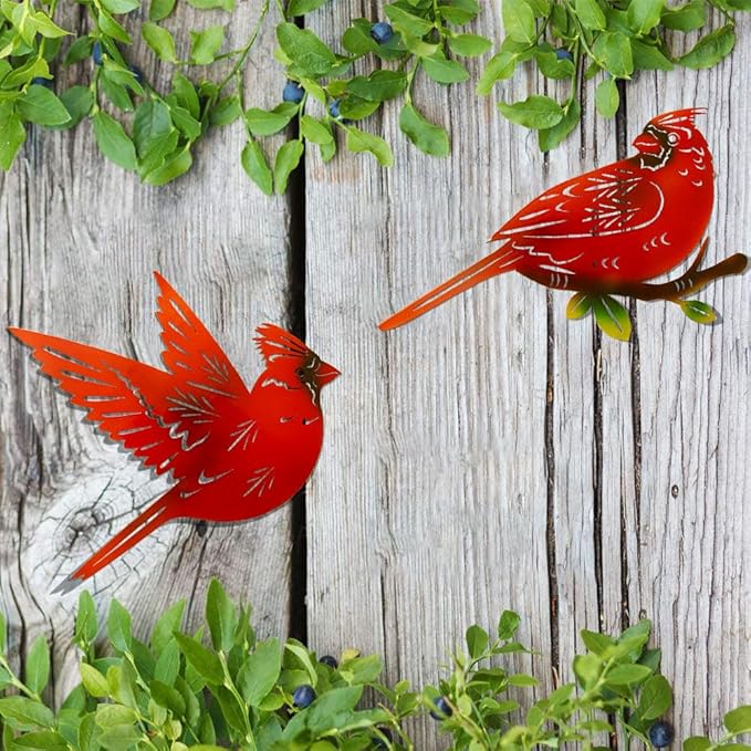 4 Pack Metal Cardinal Wall Art Decor Metal Birds 3D Outdoor Sculpture, Ornaments Hand-Made Nimble red Bird, Gifts for Mom,Birthday Gifts for Grandma Wife