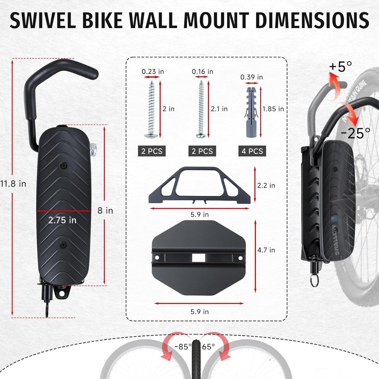 Bike Rack Garage,Bike Wall Mount, 150° Swivel & Space-Saving Vertical Bike Hangers for Storage, Sturdy Bike Stand Holds Up to 66lbs, Easy to Install, 4 Pack