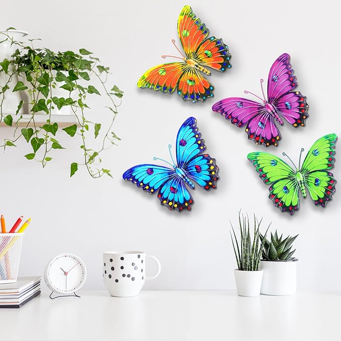 ULENDIS Metal Butterfly Wall Decor, 9.6" 3D Outdoor Fence Wall Art Decor, Hanging Decoration for Garden Backyard Living Room Balcony Patio Indoor, Gift for Mom Kids Family Friends(4 Pack)