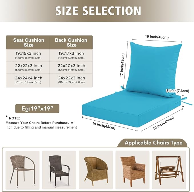 Outdoor Cushions for Patio Furniture, Waterproof Outdoor Chair Cushion w/Fade-Resistant, Removable & Machine-Washable Cover, 22x22 Inch, Deep Seat Sofa/Couch Pad Replacement – Set of 2, Teal