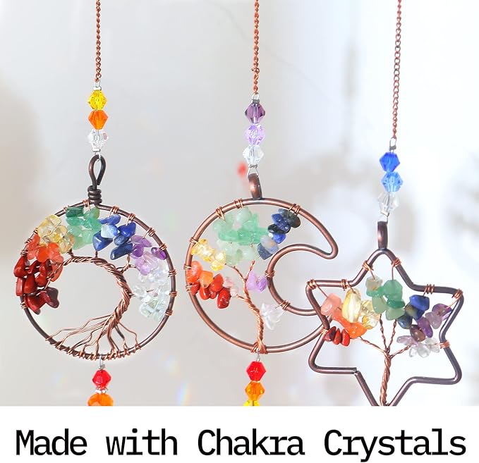 3pcs Rainbow Chakra Crystal Suncatcher Windows Hanging Tree of Life Sun Catchers Decor with Prisms for Car, Feng Shui Charms Decor for Home