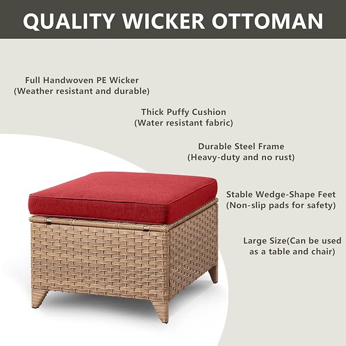Outdoor Wicker Patio Furniture Set - 5 Piece Rattan Patio Conversation Set with 2 Rocking Swivel Chairs,2 Ottomans and 1 Sofa for Porch Deck Backyard Garden(Yellow/Red)
