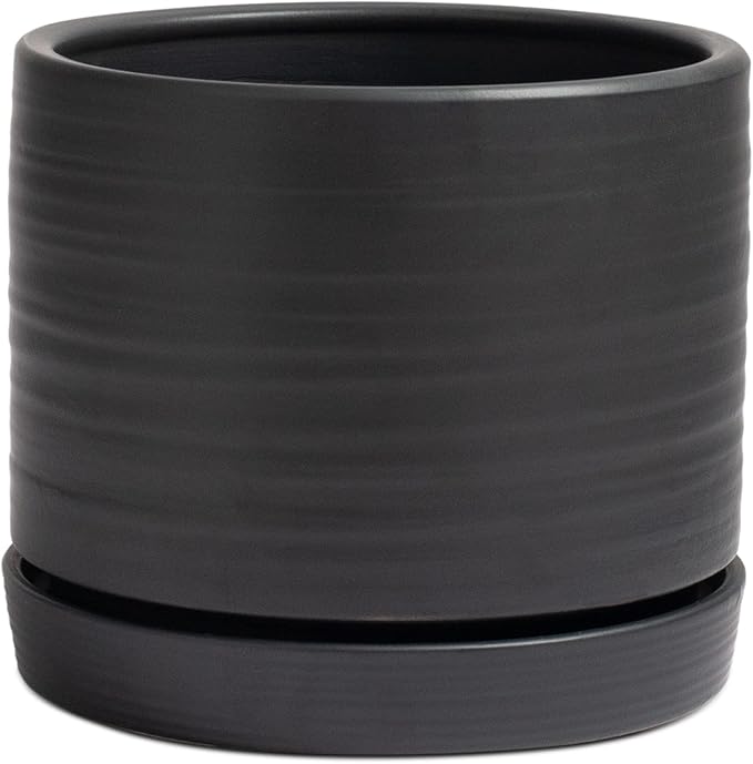 8 Inch Pots for Plants, Ceramic Planter Pot with Drainage Hole & Saucer, Indoor/Outdoor Cylinder Round Planter Pot, Matte Black