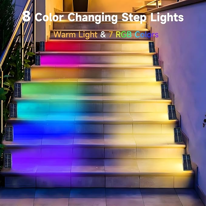 Solar Step Deck Lights Outdoor 16 Pack Solar Step Lights, Waterproof Warm White/7 RGB Color Glow Solar Stair Lights for Yard, Patio, Garden, Walkways, Front Door, Pathway, Driveway