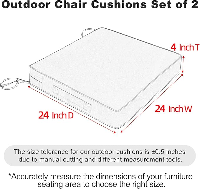 Favoyard Patio Chair Cushions 24 x 24 x 4 Inch Waterproof Outdoor Seat Cushions for Patio Furniture 3-Year Color Fastness Garden Sofa Couch Pads with Handle & Adjustable Straps Set of 2, Blue
