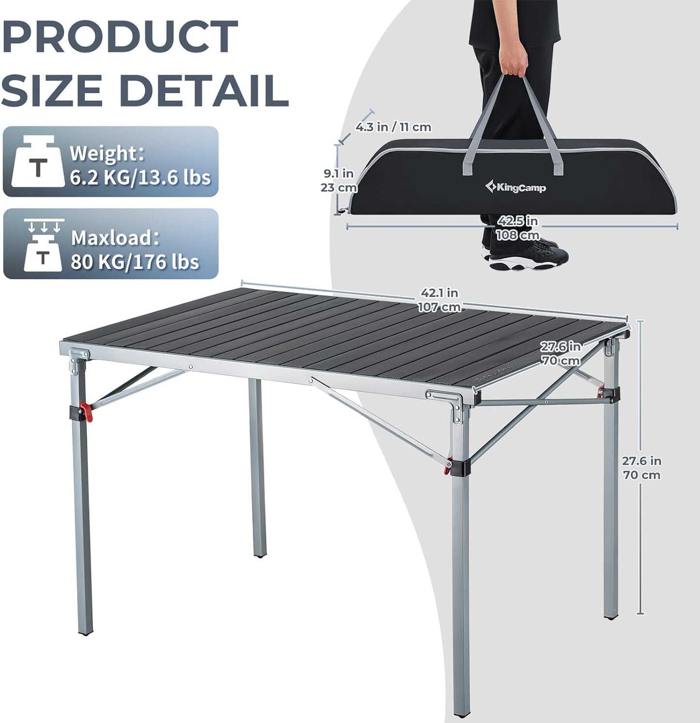 KingCamp Aluminum Folding Lightweight Roll Portable Stable Table for Camping Picnic Barbecue Backyard Party, Indoor & Outdoor, Oversize, Silver Black
