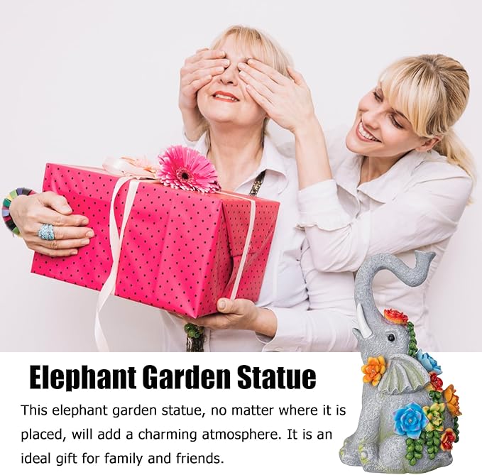 Elephant Garden Statue Solar Lamp with 8 Led Lights Decor Outdoor Resin Waterproof Sculpture Patio Lawn Yard Porch Decorations Housewarming Gifts for Women Mom Grandma