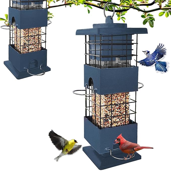 Bird Feeder 3LBS Metal Anti-Squirrel Wild Birdseed Feeder for Finch Cardinal Blue Jay Outdoors Hanging (Blue)
