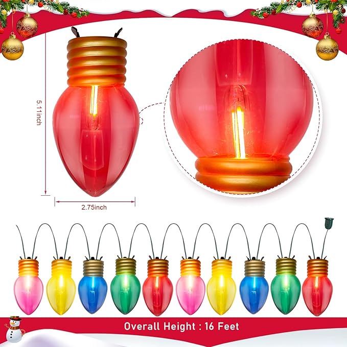 Jumbo Christmas Lights, 16Ft Outdoor Christmas Decorations String Lights with 10 5'' Large Multicolor Bulbs Xmas Hanging Light Waterproof UL Listed for Outdoor Patio Eave Holiday Yard Roofline Decor