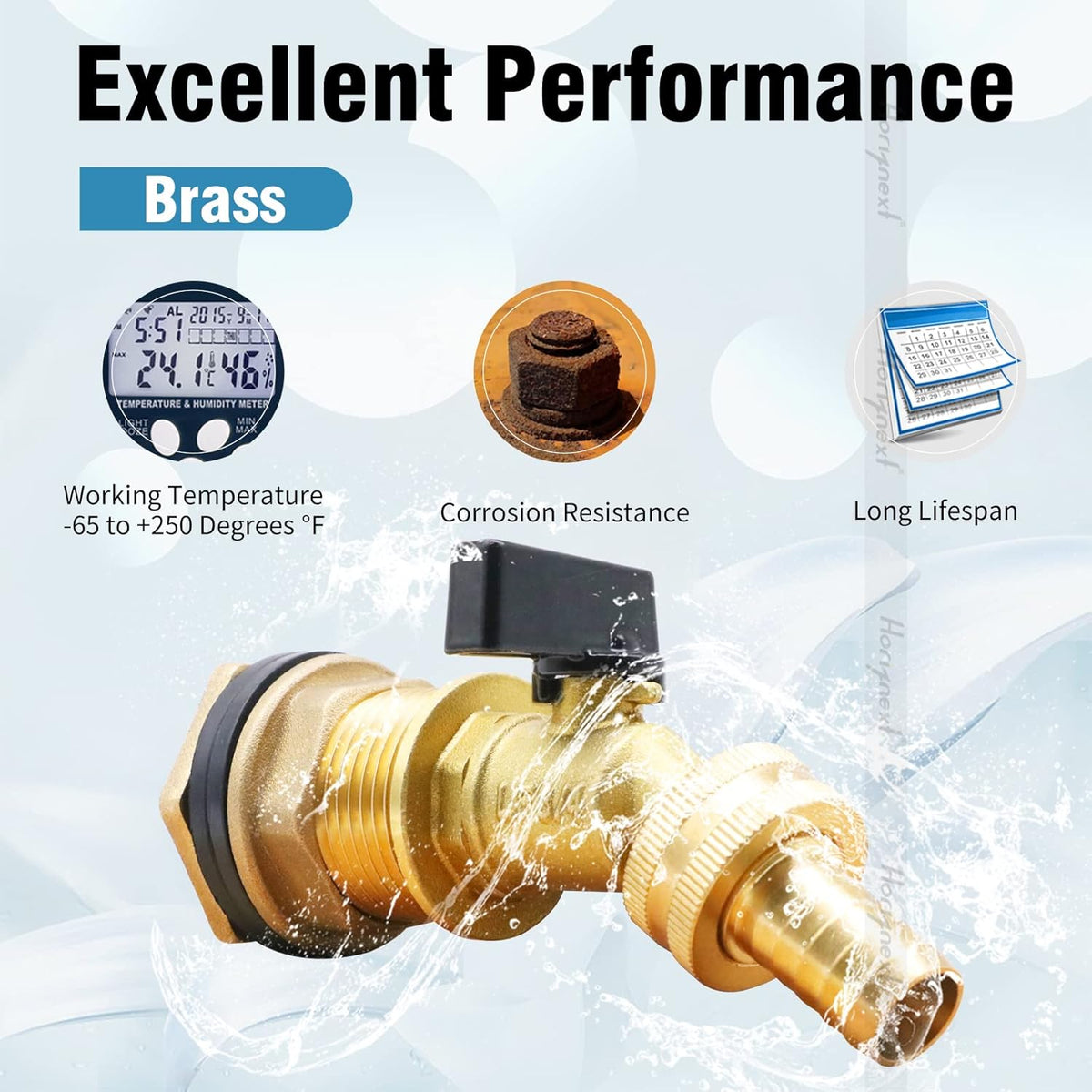spigot for rain barrel parts kit, brass water barrel spigots accessories for 55 gallon bucket, garden hose connector adapter bulkhead fitting, 1-1/4 inch O.D. inlet & 5/8 inch barb O.D.