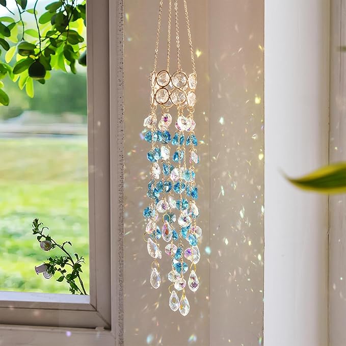 Hanging Window Garden Crystal Sun Catcher, Gold-Plated Sun Catcher for Indoor and Outdoor Decoration, Light Catcher, Party Crystals (Blue)
