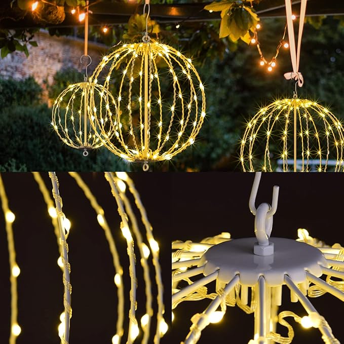 Christmas Ball Light Sphere, 16IN 128LED Hanging Tree Light and Pathway Lights with Hook and Stake, Foldable Metal Frame Light Ball for Outdoor Garden, UL Listed, White Frame, Warm White