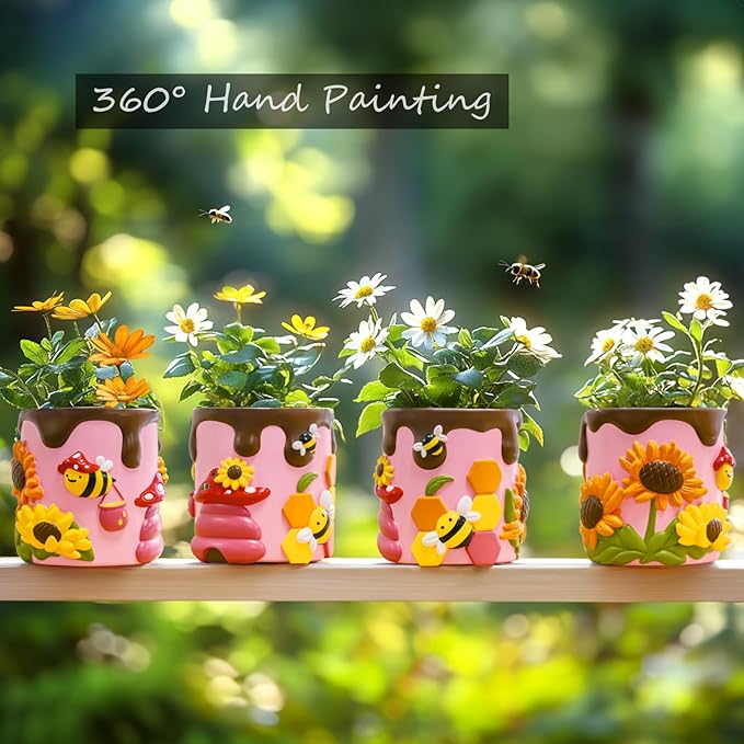 GUGUGO 8Inch Colorful Bees and Sunflowers Plant Pots, Cute Unique Succulent Planters with Drainage, Rainbow Small Mushrooms Flower Planters Pots for Indoor Plants, Funny Eclectic Home Decor