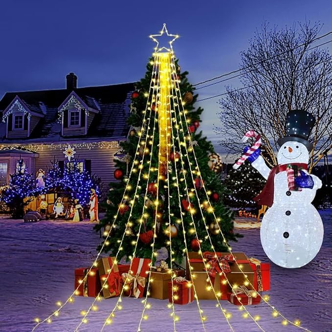 Christmas Star String Lights, 320 LED Waterfall Tree Lights with 13" Topper Star 8 Lighting Modes Indoor Outdoor Halloween Decorations for Holiday, Wedding, Party (Warn White)