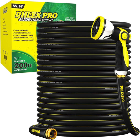 Garden Hose Set 200FT - PHLEX PRO Heavy-Duty Premium 5/8'' Rubber 3-Layer Water Hose - Innovation Flexible Hybrid Lightweight Water Hose with 10 Pattern Spray Nozzle, Full Brass Male to Female Fitting
